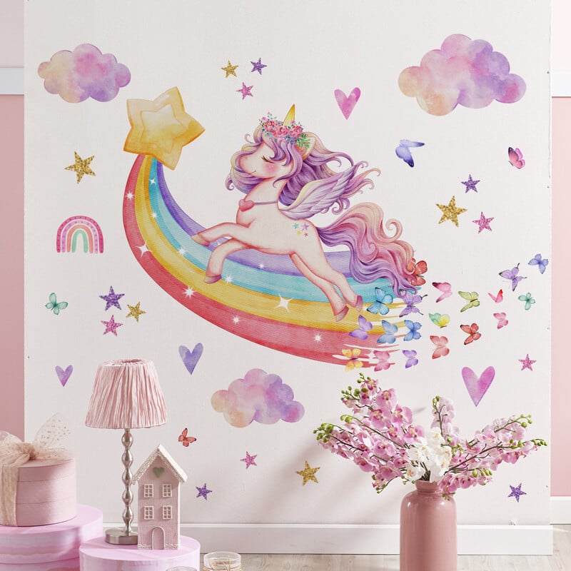 Elf Butterfly Girl Unicorn Gėlių sienų lipdukai, skirti vaikų kambariui Baby Girl Sienų lipdukai PVC namų dekoro sienų lipdukai Miegamojo freskos