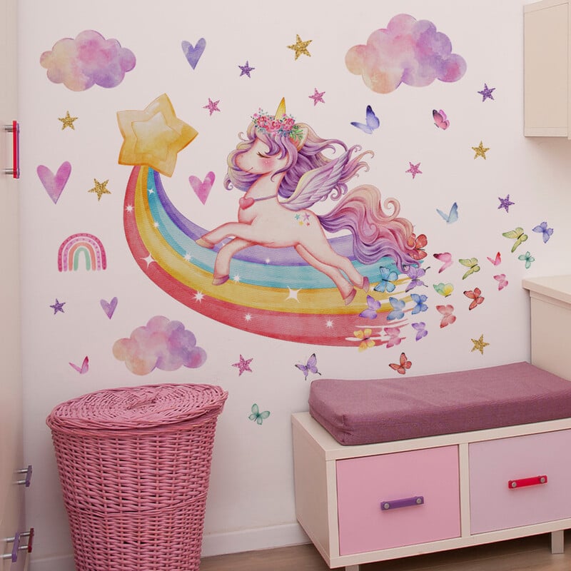 Elf Butterfly Girl Unicorn Gėlių sienų lipdukai, skirti vaikų kambariui Baby Girl Sienų lipdukai PVC namų dekoro sienų lipdukai Miegamojo freskos
