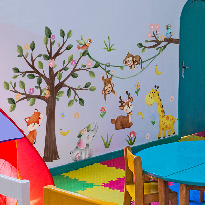 Autocolante mari cu animale din desene animate, autocolant girafa elefant, camera copiilor, tapet dormitor pentru bebelusi, autocolant cu animale pentru copii