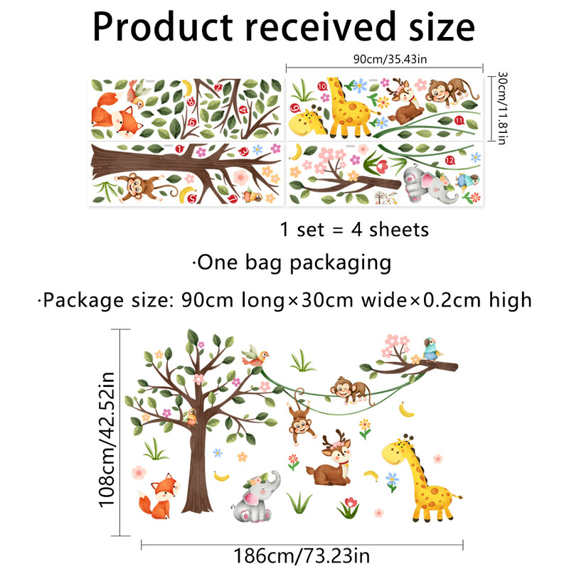 Autocolante mari cu animale din desene animate, autocolant girafa elefant, camera copiilor, tapet dormitor pentru bebelusi, autocolant cu animale pentru copii