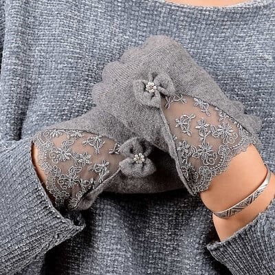 [BYSIFA] Seksualios juodos nėriniais siuvinėtos vilnos pirštinės Moteriškos žieminės storos kašmyro pirštinės Minkštos pirštinės Pirštinės Elegantiškos lanksčios moteriškos pirštinės