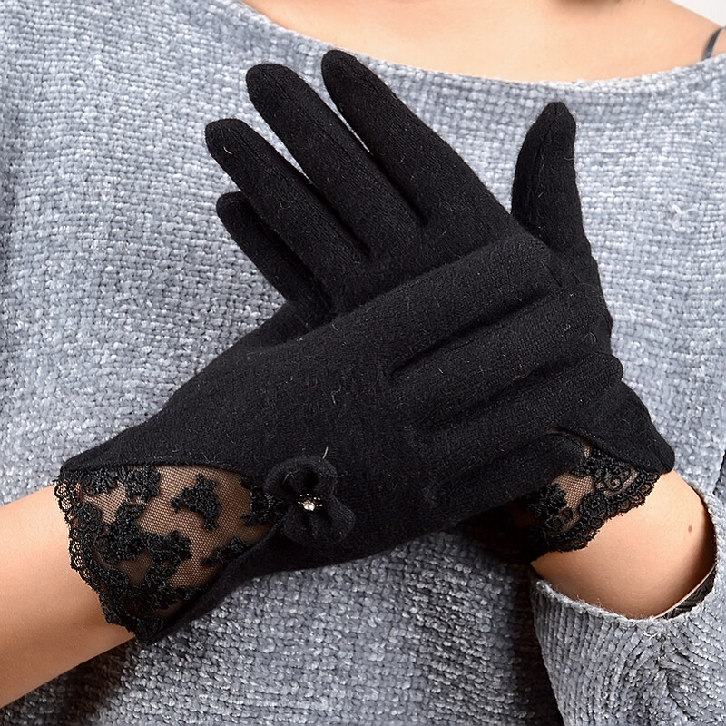 [BYSIFA] Seksualios juodos nėriniais siuvinėtos vilnos pirštinės Moteriškos žieminės storos kašmyro pirštinės Minkštos pirštinės Pirštinės Elegantiškos lanksčios moteriškos pirštinės