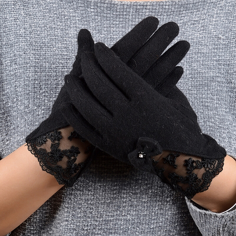 [BYSIFA] Seksualios juodos nėriniais siuvinėtos vilnos pirštinės Moteriškos žieminės storos kašmyro pirštinės Minkštos pirštinės Pirštinės Elegantiškos lanksčios moteriškos pirštinės
