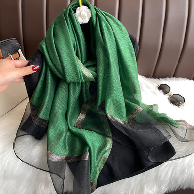 Şal de mătase strălucitoare pentru femei, eşarfă cu chenar auriu monocrom, eşarfă de protecţie solară, la modă şi versatilă, nou