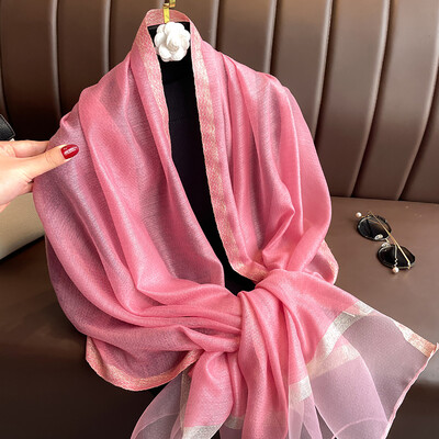 Şal de mătase strălucitoare pentru femei, eşarfă cu chenar auriu monocrom, eşarfă de protecţie solară, la modă şi versatilă, nou