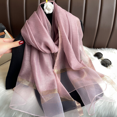 Şal de mătase strălucitoare pentru femei, eşarfă cu chenar auriu monocrom, eşarfă de protecţie solară, la modă şi versatilă, nou