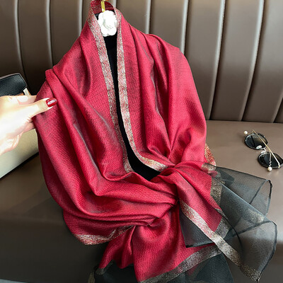 Şal de mătase strălucitoare pentru femei, eşarfă cu chenar auriu monocrom, eşarfă de protecţie solară, la modă şi versatilă, nou