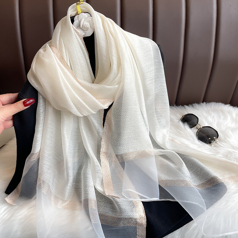Şal de mătase strălucitoare pentru femei, eşarfă cu chenar auriu monocrom, eşarfă de protecţie solară, la modă şi versatilă, nou