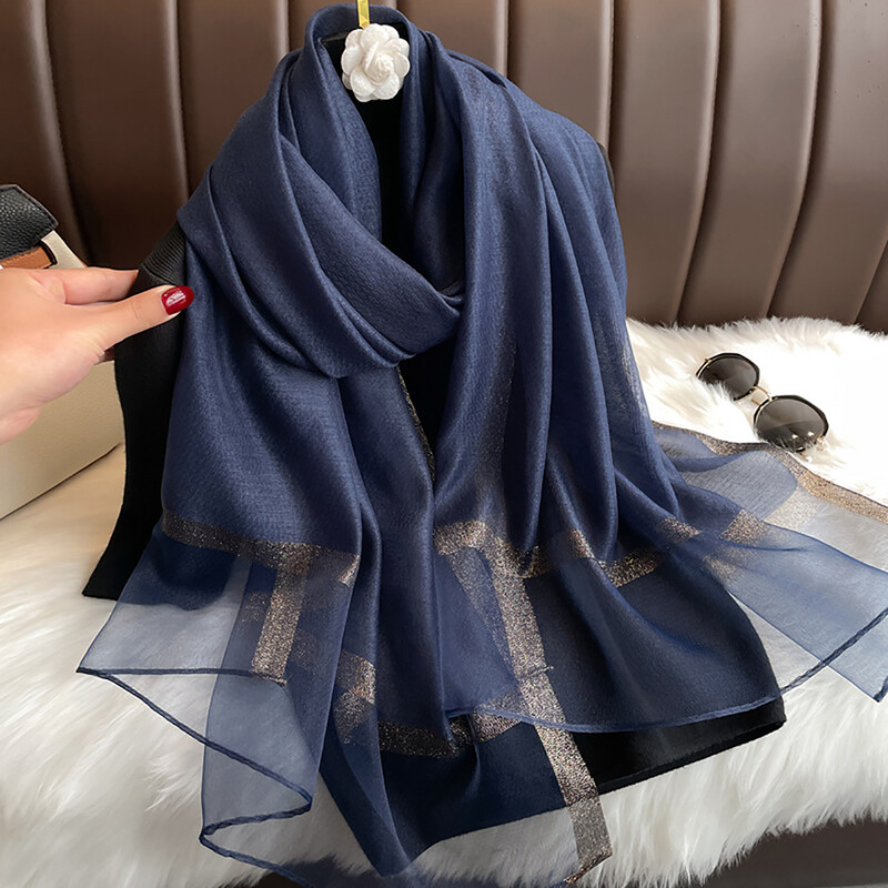 Şal de mătase strălucitoare pentru femei, eşarfă cu chenar auriu monocrom, eşarfă de protecţie solară, la modă şi versatilă, nou