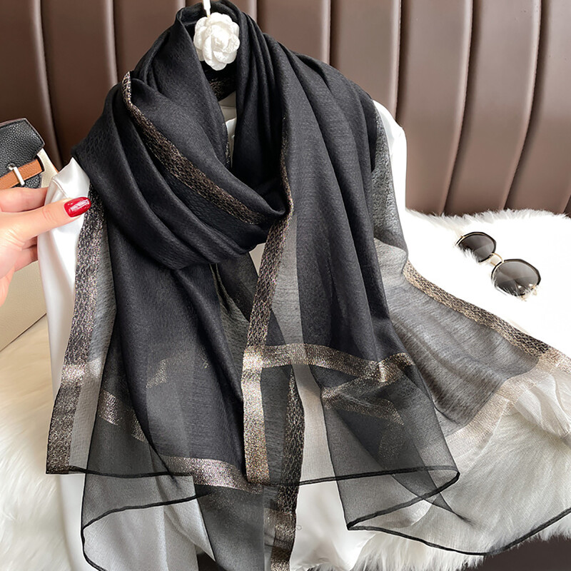 Şal de mătase strălucitoare pentru femei, eşarfă cu chenar auriu monocrom, eşarfă de protecţie solară, la modă şi versatilă, nou