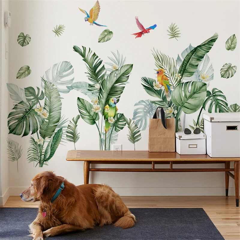 Frunze verzi tropicale Plantă Păsări Camera de zi Dormitor Autocolante decorative de perete Broasca țestoasă Autocolant frunze din spate Decor mural de artă