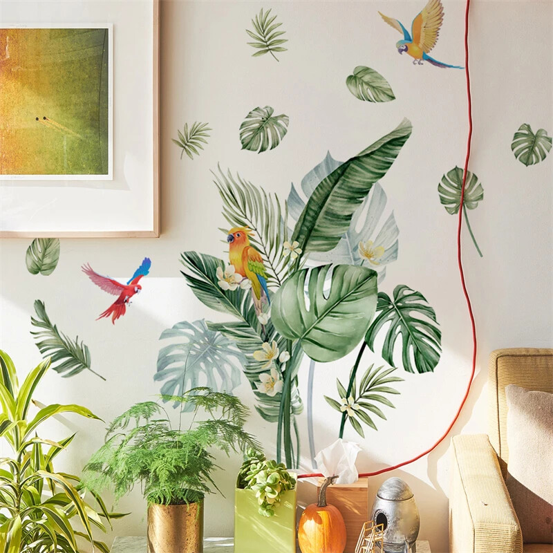 Frunze verzi tropicale Plantă Păsări Camera de zi Dormitor Autocolante decorative de perete Broasca țestoasă Autocolant frunze din spate Decor mural de artă