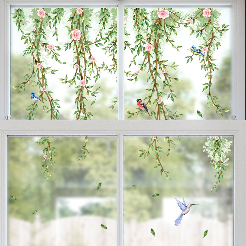 Ramuri Flori Păsări Autocolant de sticlă Camera de zi Tema ferestre Autocolant decorativ de perete Autocolant pentru fereastră Tapet autoadeziv