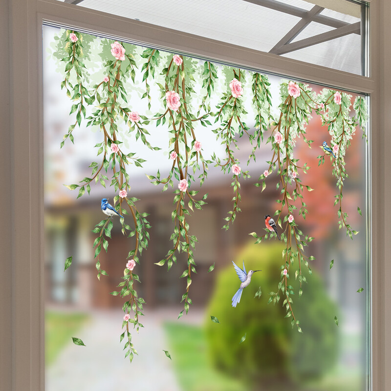 Ramuri Flori Păsări Autocolant de sticlă Camera de zi Tema ferestre Autocolant decorativ de perete Autocolant pentru fereastră Tapet autoadeziv