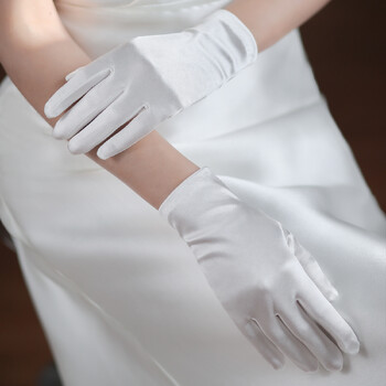 WG066 Елегантни сатенени бели къси булчински ръкавици Finger Wrist Bridesmaid Handschuh Women Pageant Perform Prom Accessories