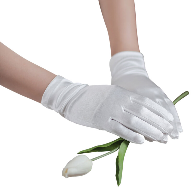 WG066 Elegáns szatén fehér rövid menyasszonyi kesztyű Ujj csukló Menyasszony Koszorúslány Handschuh Női fellépés Bálozói kiegészítők