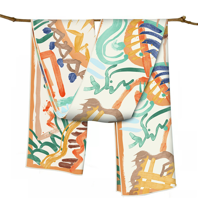 POBING Twill Μεταξωτό Φουλάρι Γυναικείο Poncho Χέρι ρολό γκράφιτι με εμπριμέ μακριά κασκόλ Περιτυλίγματα Bandana Big Shawl Hijabs Γυναικεία φουλάρια