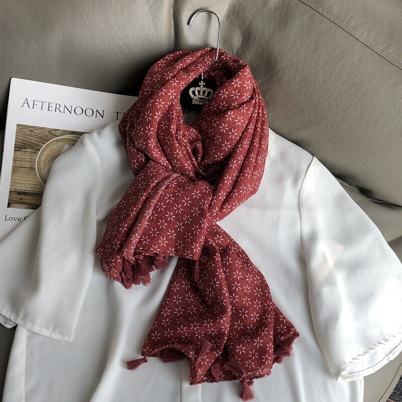 Eșarfă din bumbac și in și stil etnic pentru femei noi, eșarfă boemă de călătorie, culoare uni, eșarfă de mătase cu franjuri, stea cu șase colțuri