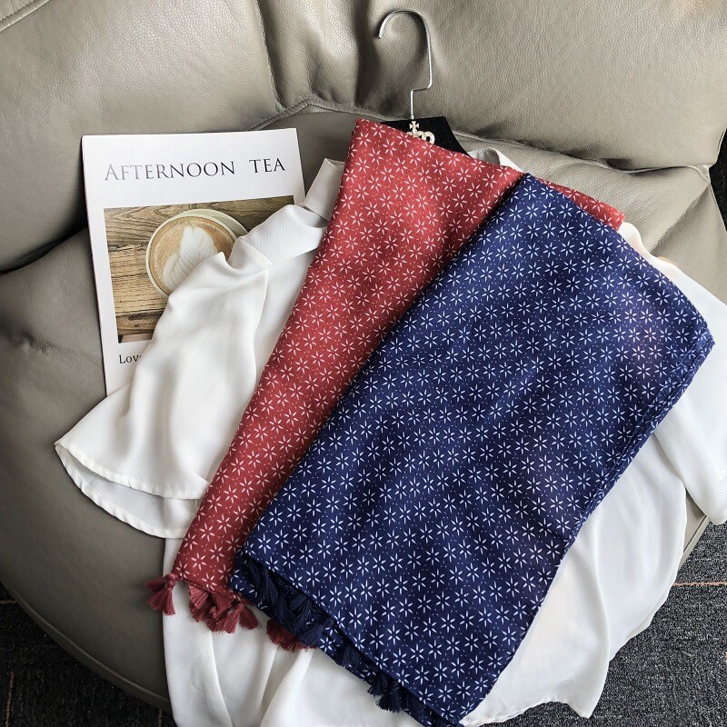 Eșarfă din bumbac și in și stil etnic pentru femei noi, eșarfă boemă de călătorie, culoare uni, eșarfă de mătase cu franjuri, stea cu șase colțuri