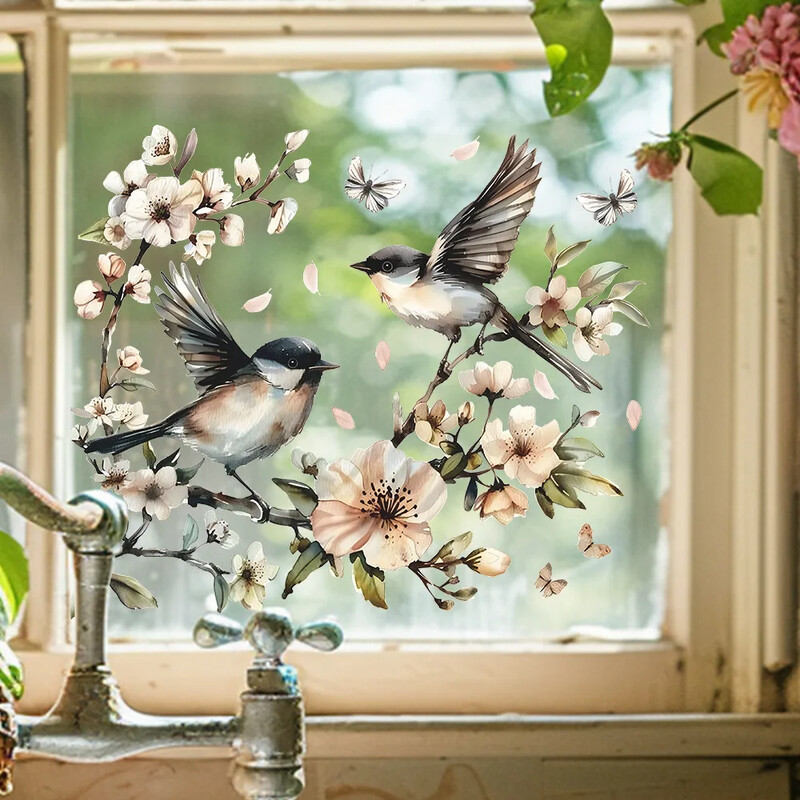 1 buc. Acuarelă floare crenguță pasăre fereastră din sticlă decorare pentru amenajare a teritoriului electrostatic Uv autocolant pentru fereastră autocolant oglindă