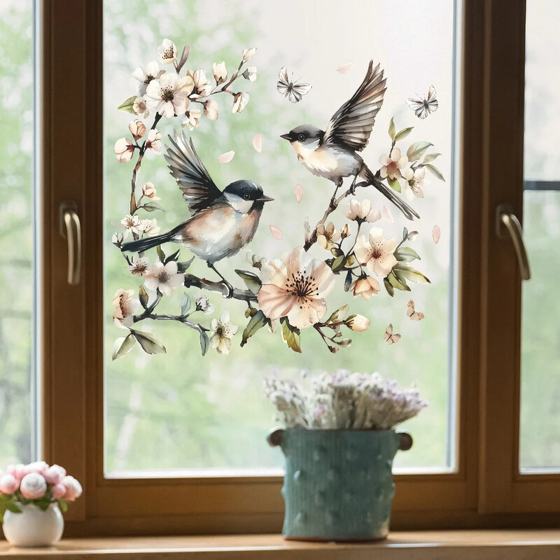 1 buc. Acuarelă floare crenguță pasăre fereastră din sticlă decorare pentru amenajare a teritoriului electrostatic Uv autocolant pentru fereastră autocolant oglindă