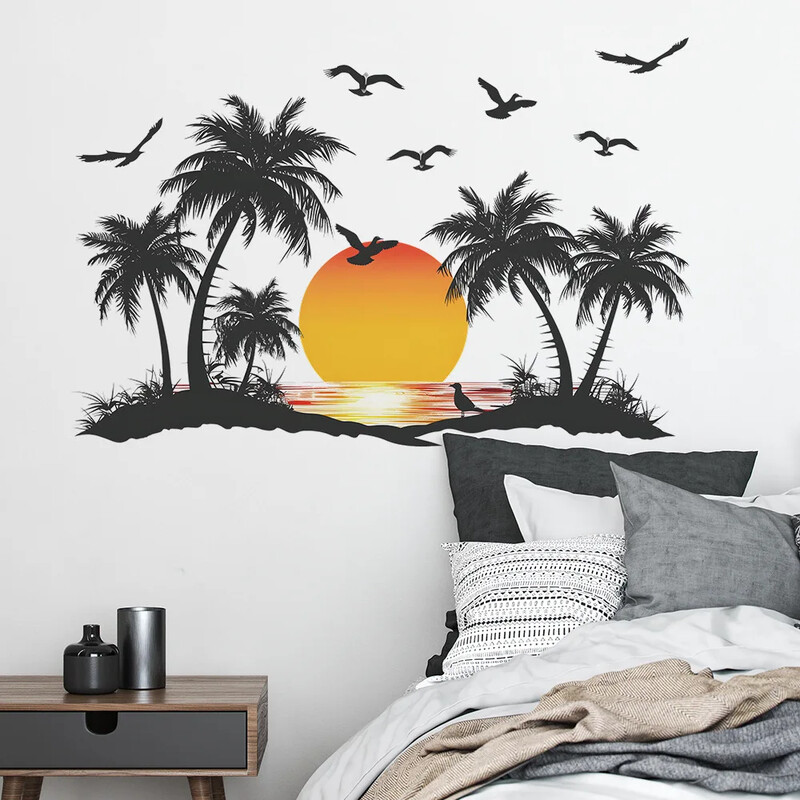 2 buc Apus de soare Cocotier Pescăruș Dormitor Sufragerie Dormitor Autocolante de perete înfrumusețare Decor auto-adeziv