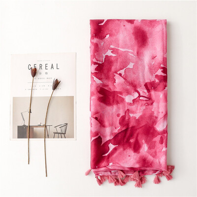 Új divatos stílusú tintafestés puha pamut és vászon kendő bojtárral, tömör virágmintás muszlim női hosszú sál, hidzsáb