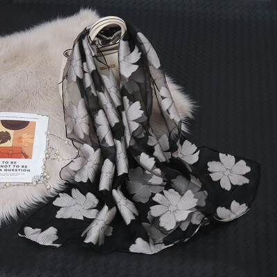 Моден луксозен копринен шал от органза, бродерия, флорален шал, дамски тънък хиджаб, елегантни дълги шалове, лятна едноцветна забрадка