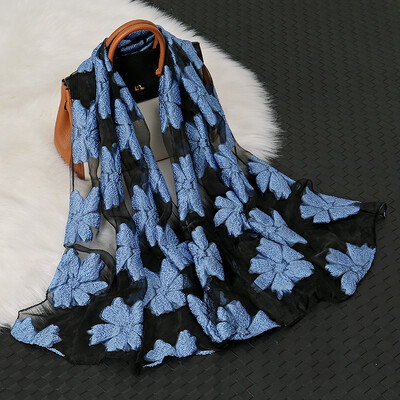 Моден луксозен копринен шал от органза, бродерия, флорален шал, дамски тънък хиджаб, елегантни дълги шалове, лятна едноцветна забрадка