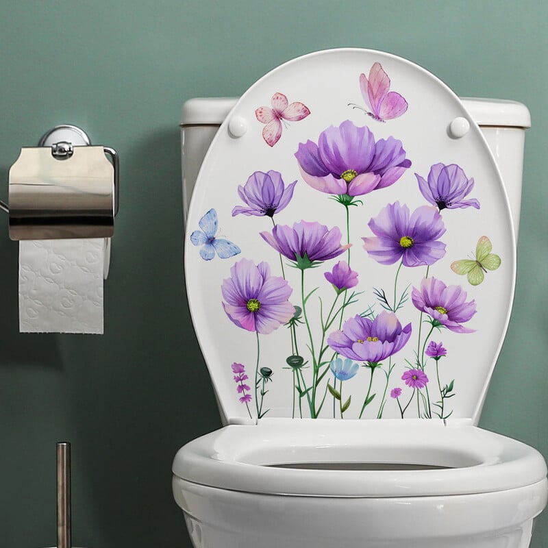1vnt Violetinės augalo gėlės Butterfly tualeto lipdukas Vonios kambarys Vonios kambarys Dekoratyvinis sieninis tualeto dangtis Lipnus popierius
