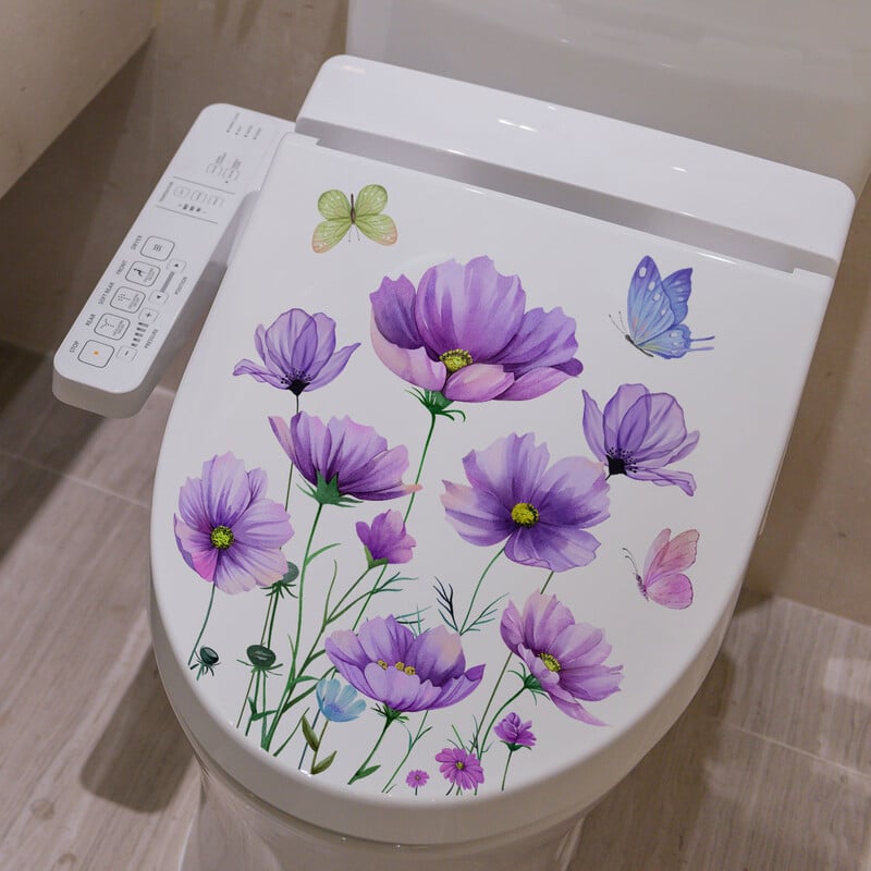 1vnt Violetinės augalo gėlės Butterfly tualeto lipdukas Vonios kambarys Vonios kambarys Dekoratyvinis sieninis tualeto dangtis Lipnus popierius