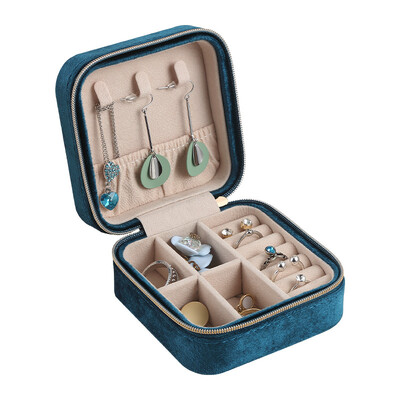 Cutie de bijuterii din catifea de pluș pentru femei, colier, inel, cercei, organizator, suport de călătorie, cu fermoar portabil, cutie pătrată de depozitare a bijuterii