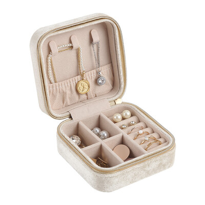 Cutie de bijuterii din catifea de pluș pentru femei, colier, inel, cercei, organizator, suport de călătorie, cu fermoar portabil, cutie pătrată de depozitare a bijuterii
