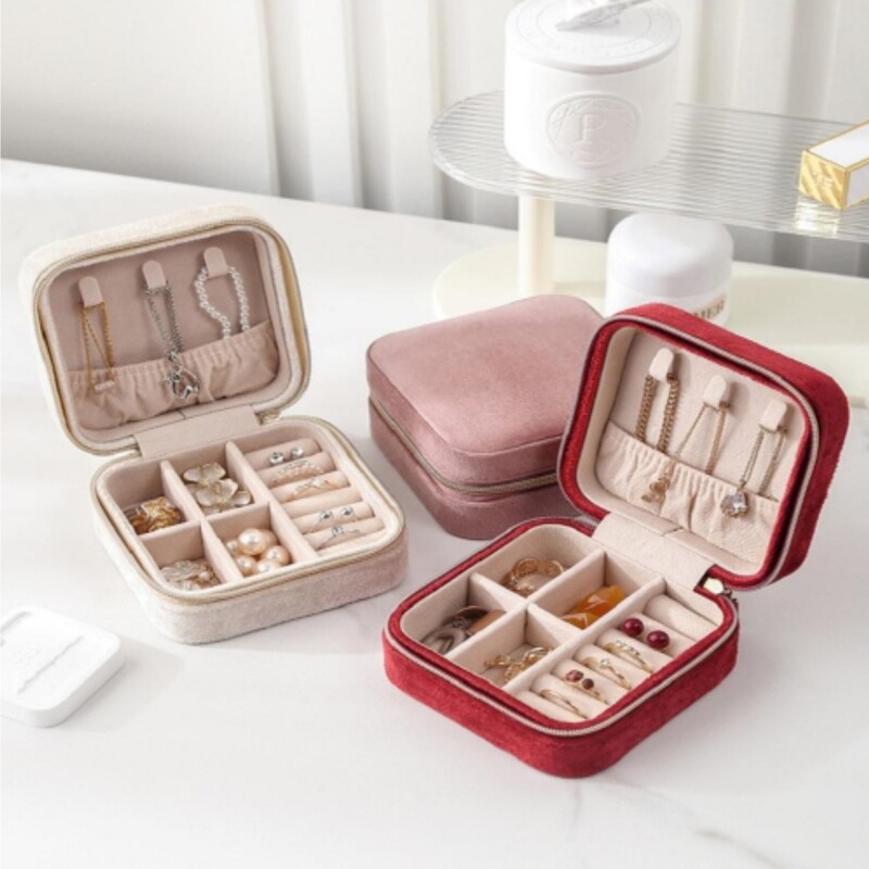 Pehme sametist ehtekarp naistele kaelakee sõrmus kõrvarõngad korraldaja hoidik reisimiseks kaasaskantav tõmblukuga ruudukujuline ehete hoiukarp