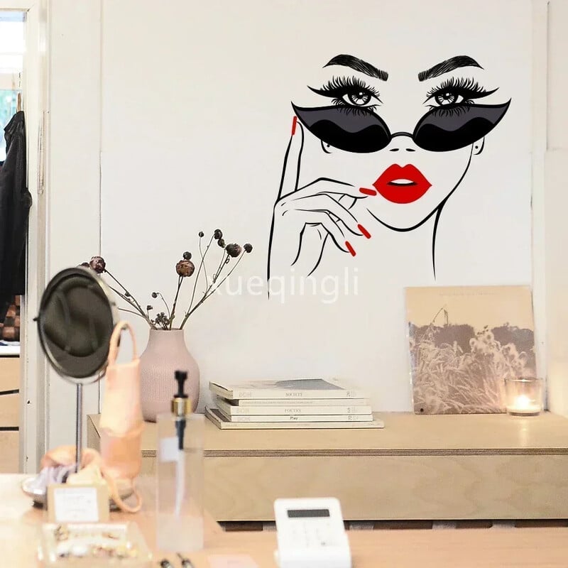 Női arc szépség vinil falmatrica szépség stúdió ajtó matrica kozmetikai smink fali művészet fali matrica kivehető szalon dekoráció