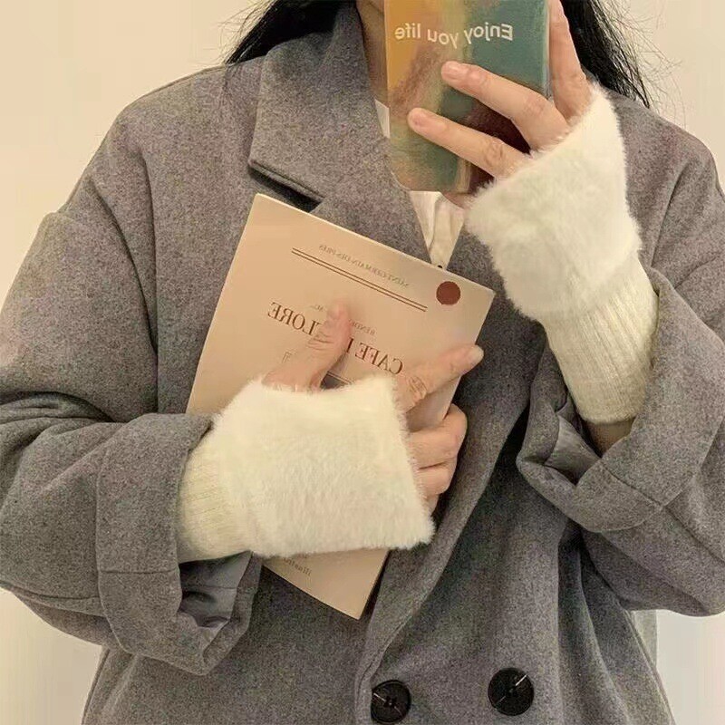 Félujj kesztyű női téli plüss meleg diák írás ujj nélküli gépelés kötött félujj hosszú kesztyű csuklóvédő