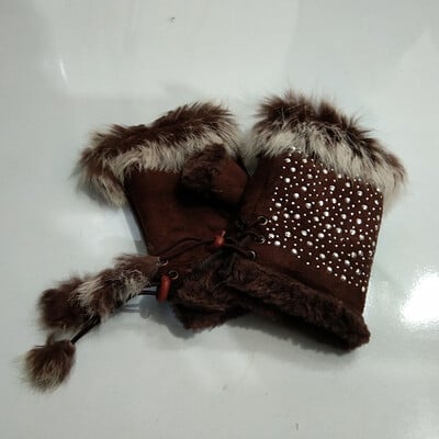 Zimné dámske semišové kožené teplé hrubé kašmírové rukavice s polovičným prstom, dámske králičie vlasy, zápästie bez prstov, diamantové písacie palčiaky G58
