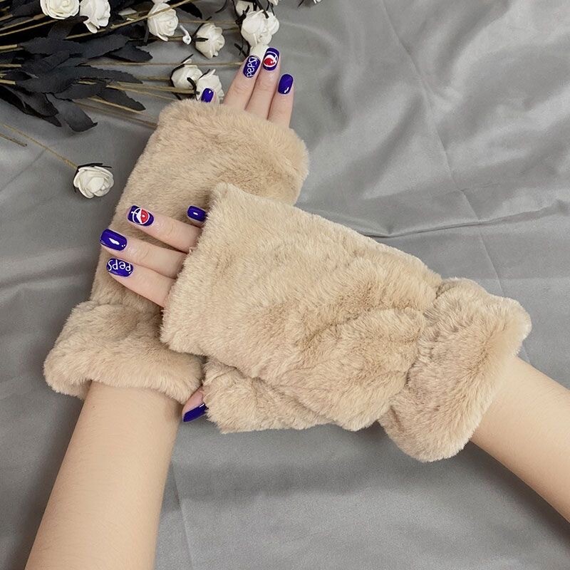Plüss kesztyű Női Aranyos Téli Meleg Ujjatlan Flip Női Szabadtéri koreai Puha Kesztyű Diák Vastag Telefonos Játékok Író ujjatlan