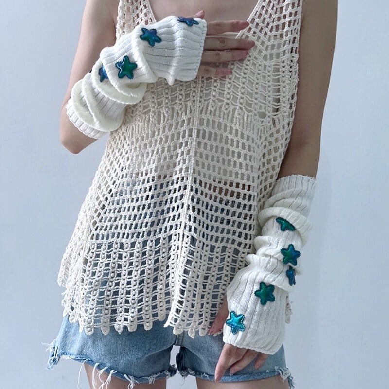 Punk egyszínű csillag kötött kesztyűk Y2k gótikus gyapjú ujjú mandzsetta hosszú kézi ujjú karmelegítők télen