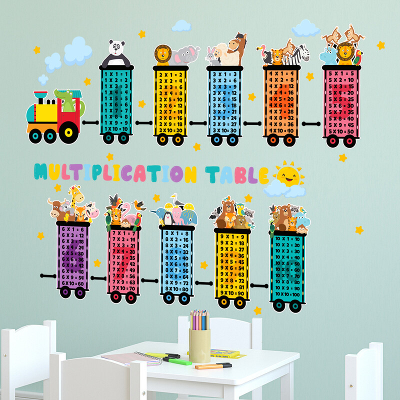 2vnt maži traukiniai gyvūnai, skaitmeniniai daugybos stalo sieniniai lipdukai Svetainės vaikų kambario dekoratyviniai sienų lipdukai Bm4064