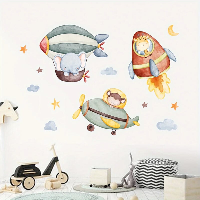1kom Crtani slon, životinja, raketa, avion, zidne naljepnice za dječju sobu, dječja soba, zidne naljepnice za dječju sobu, dnevnu sobu