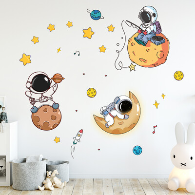 Nástenné nálepky s kresleným astronautom, planétou Mesiacom a hviezdami pre detskú izbu, pozadie, spálňu, dekoráciu, obývaciu izbu, bytové dekorácie, nálepky na stenu