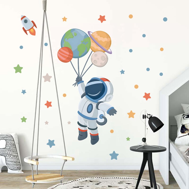 Nástenné nálepky s kresleným astronautom, planétou Mesiacom a hviezdami pre detskú izbu, pozadie, spálňu, dekoráciu, obývaciu izbu, bytové dekorácie, nálepky na stenu