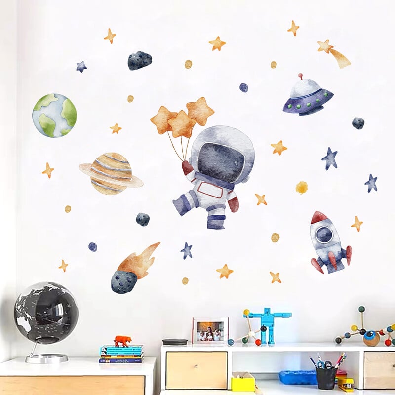 Nástenné nálepky s kresleným astronautom, planétou Mesiacom a hviezdami pre detskú izbu, pozadie, spálňu, dekoráciu, obývaciu izbu, bytové dekorácie, nálepky na stenu