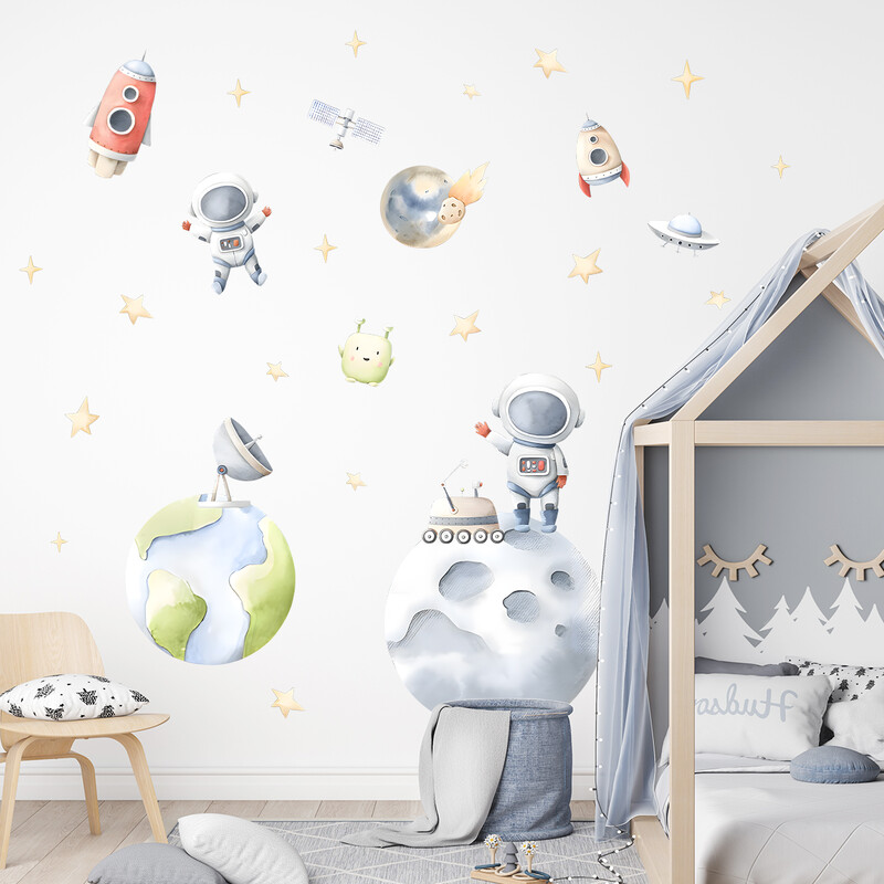 Nástenné nálepky s kresleným astronautom, planétou Mesiacom a hviezdami pre detskú izbu, pozadie, spálňu, dekoráciu, obývaciu izbu, bytové dekorácie, nálepky na stenu