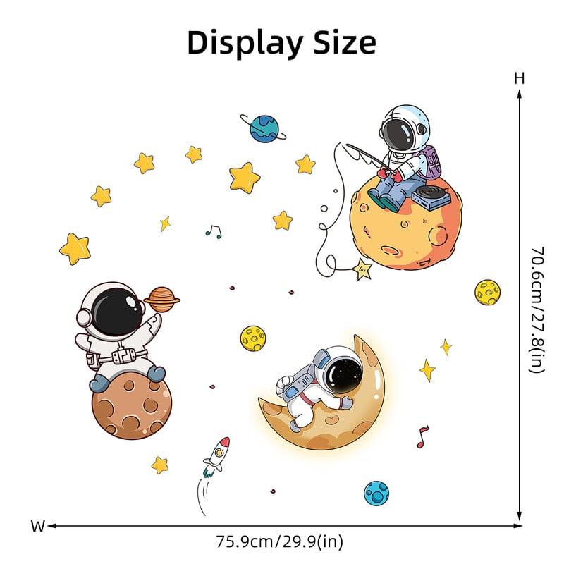 Nástenné nálepky s kresleným astronautom, planétou Mesiacom a hviezdami pre detskú izbu, pozadie, spálňu, dekoráciu, obývaciu izbu, bytové dekorácie, nálepky na stenu