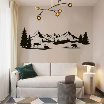 Woodland Decal τοίχου Pine Tree Mountain Bear Moose Forest Wall Αυτοκόλλητο βινυλίου Mountain Landscape Decal Nursery Διακόσμηση δωματίου