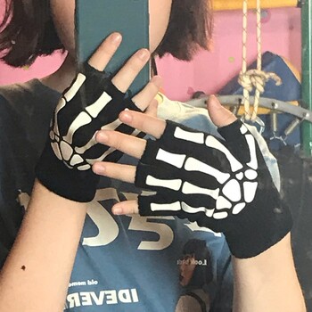 Νέα Punk Gloves Unisex Halloween Skeleton Skull Half Finger Gloves Glow In The Dark Fingerless Stretch Πλεκτά χειμωνιάτικα γάντια