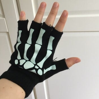 Νέα Punk Gloves Unisex Halloween Skeleton Skull Half Finger Gloves Glow In The Dark Fingerless Stretch Πλεκτά χειμωνιάτικα γάντια