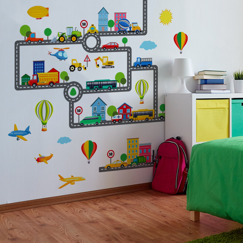 Rajzfilm Road Autó Repülő Hőlégballon Falimatricák Fiúk Gyerek Baba Hálószoba Falmatrica Óvodai háttérképek Otthoni matricák